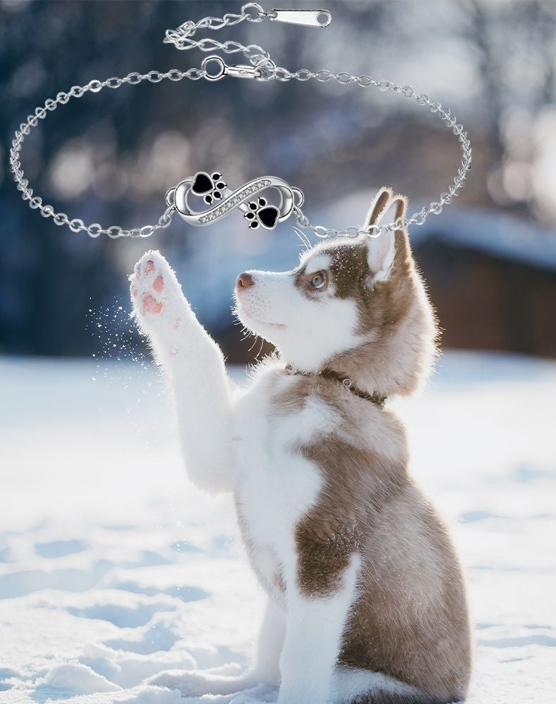 Pulsera con colgante de pata de mascota y símbolo de infinito con circonita cúbica