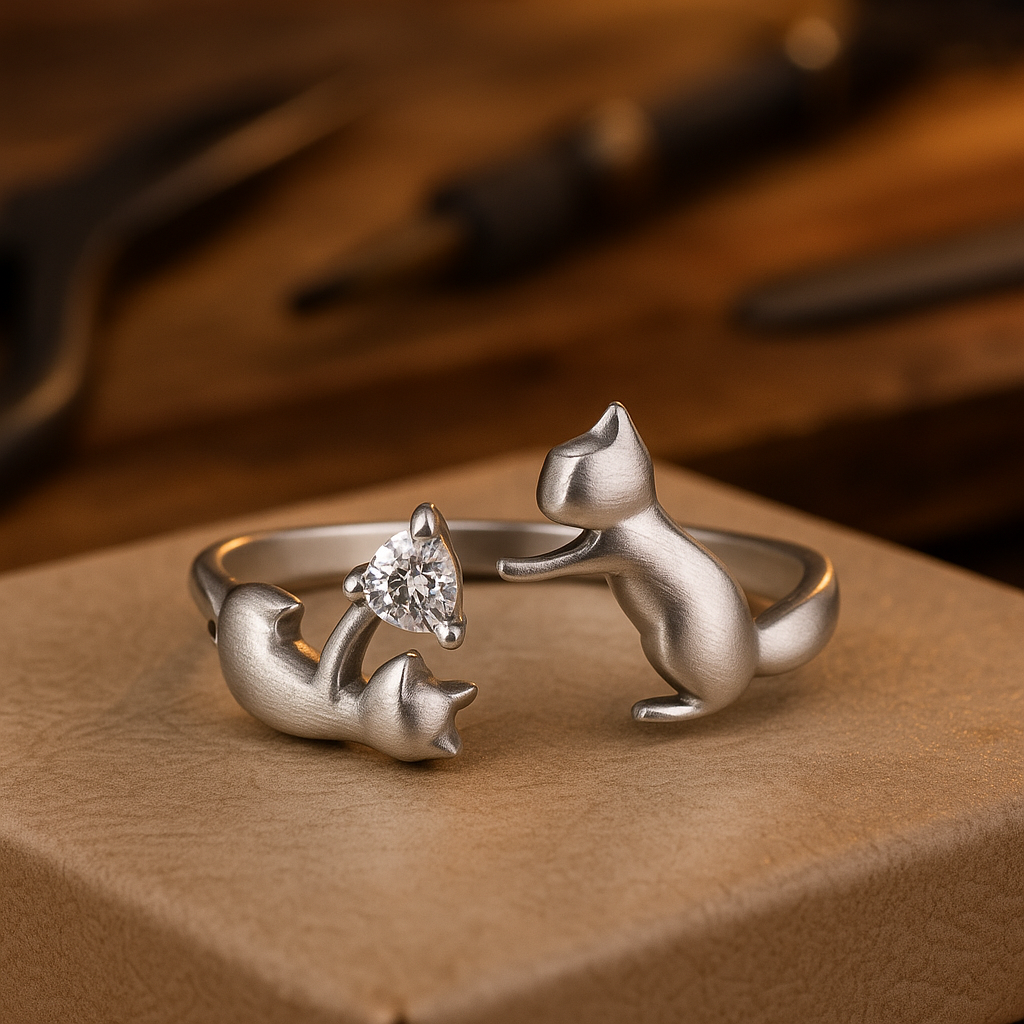 Anillo ajustable de plata de ley con gato juguetón y circonitas