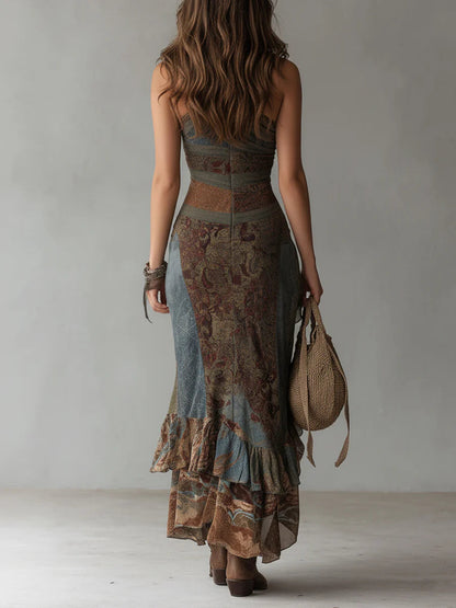 ELENA | Vestido largo asimétrico estampado de estilo étnico con abertura alta