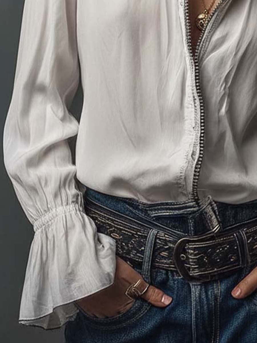 Ana · Blusa Blanca Cremallera con Volantes