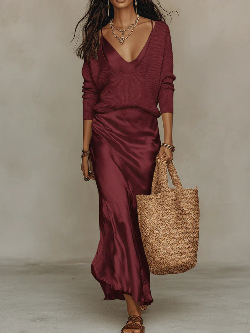 ELENA | Vestido Midi Satinado con Suéter Incluido
