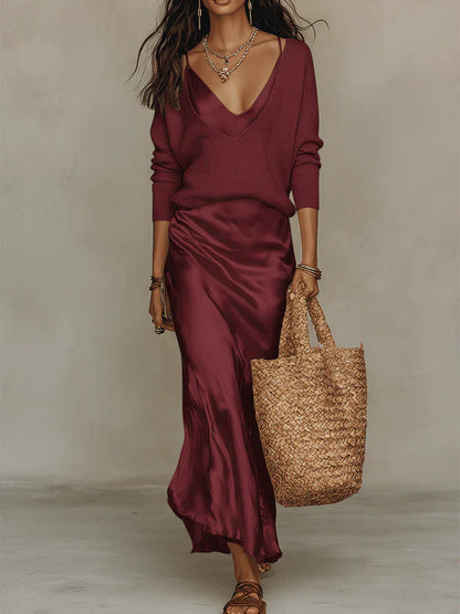 ELENA | Vestido Midi Satinado con Suéter Incluido