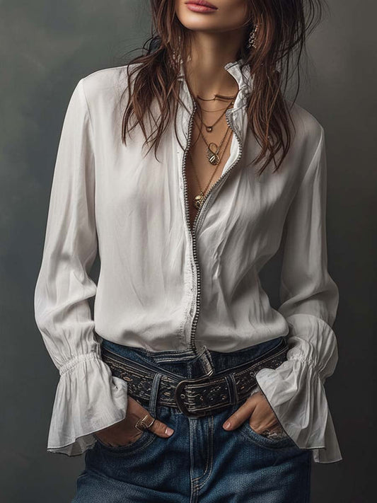 Ana · Blusa Blanca Cremallera con Volantes
