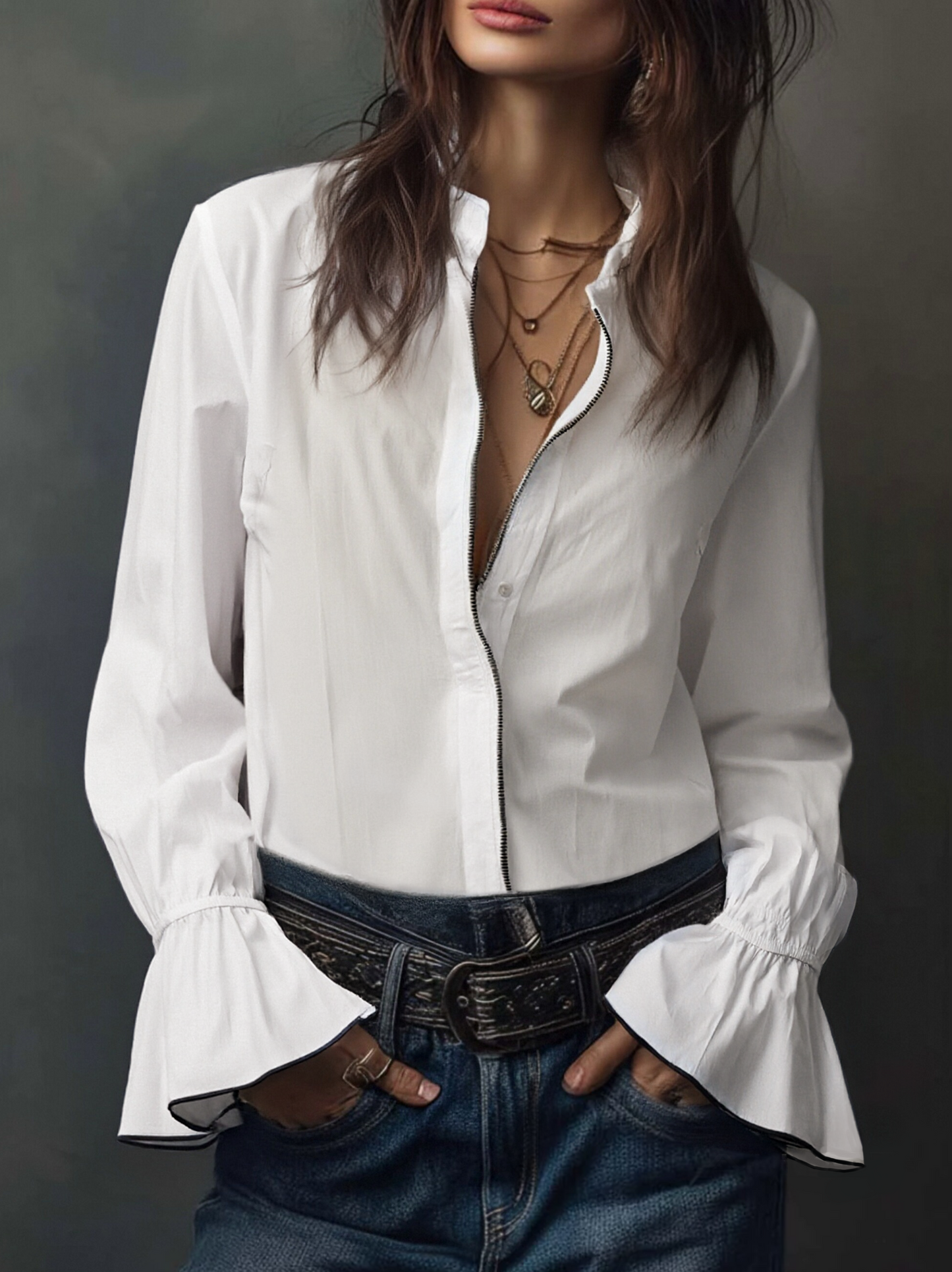 Ana · Blusa Blanca Cremallera con Volantes