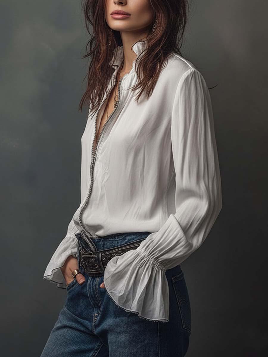 Ana · Blusa Blanca Cremallera con Volantes