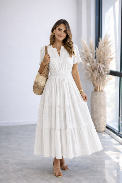 ALICIA | Vestido Blanco Fluido Elegante con Cintura Elástica