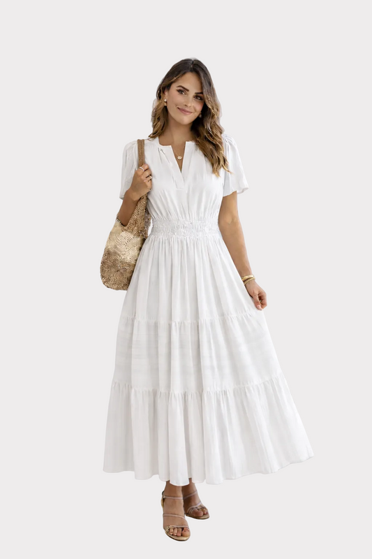 ALICIA | Vestido Blanco Fluido Elegante con Cintura Elástica