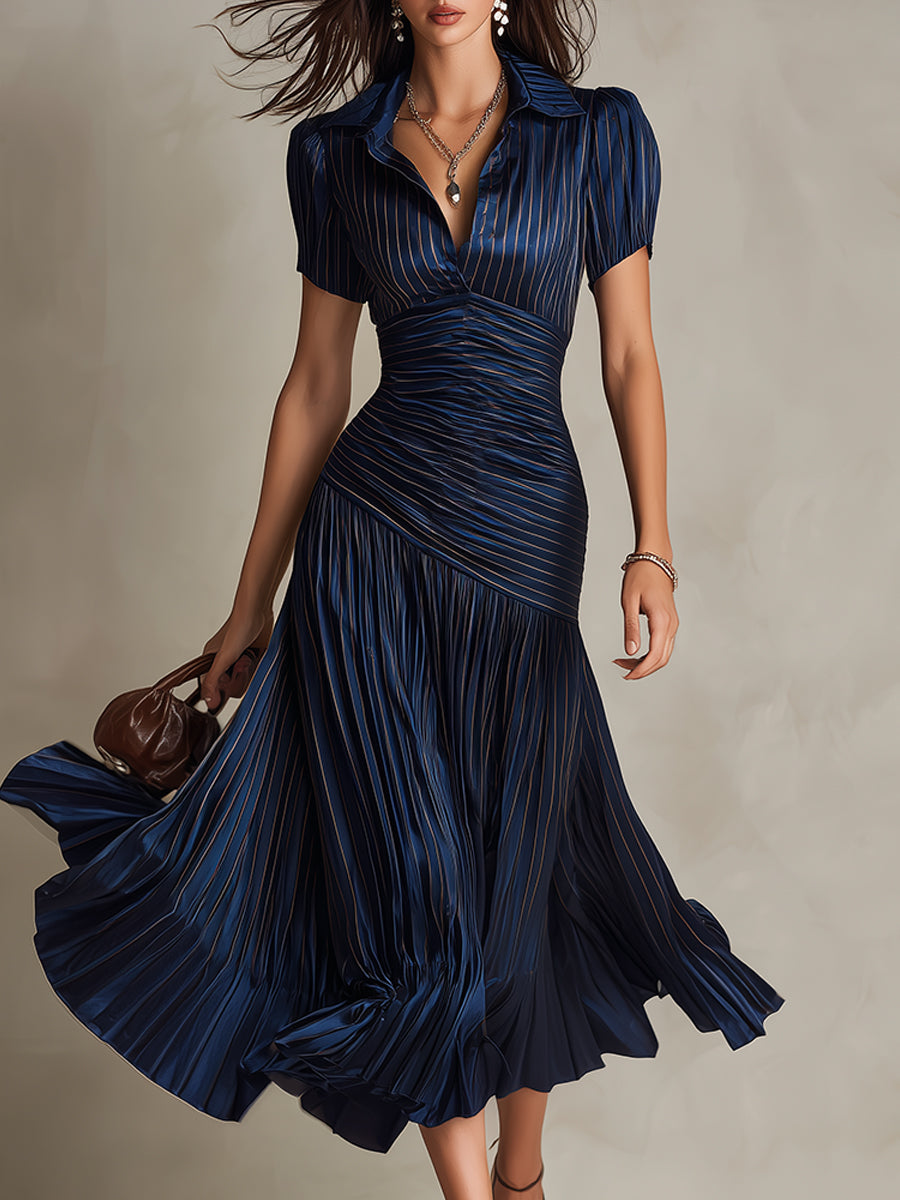 ADRIANA | Vestido midi satinado a rayas retro