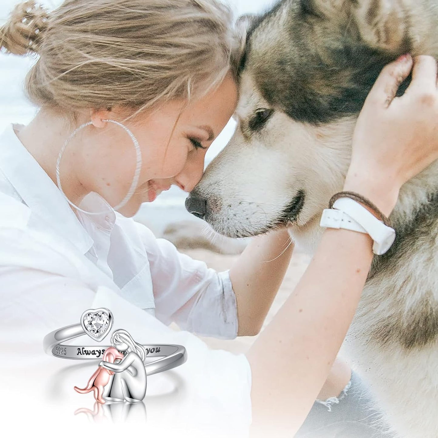 Anillo ajustable de plata con forma de perro: «Siempre en mi corazón» con circonitas