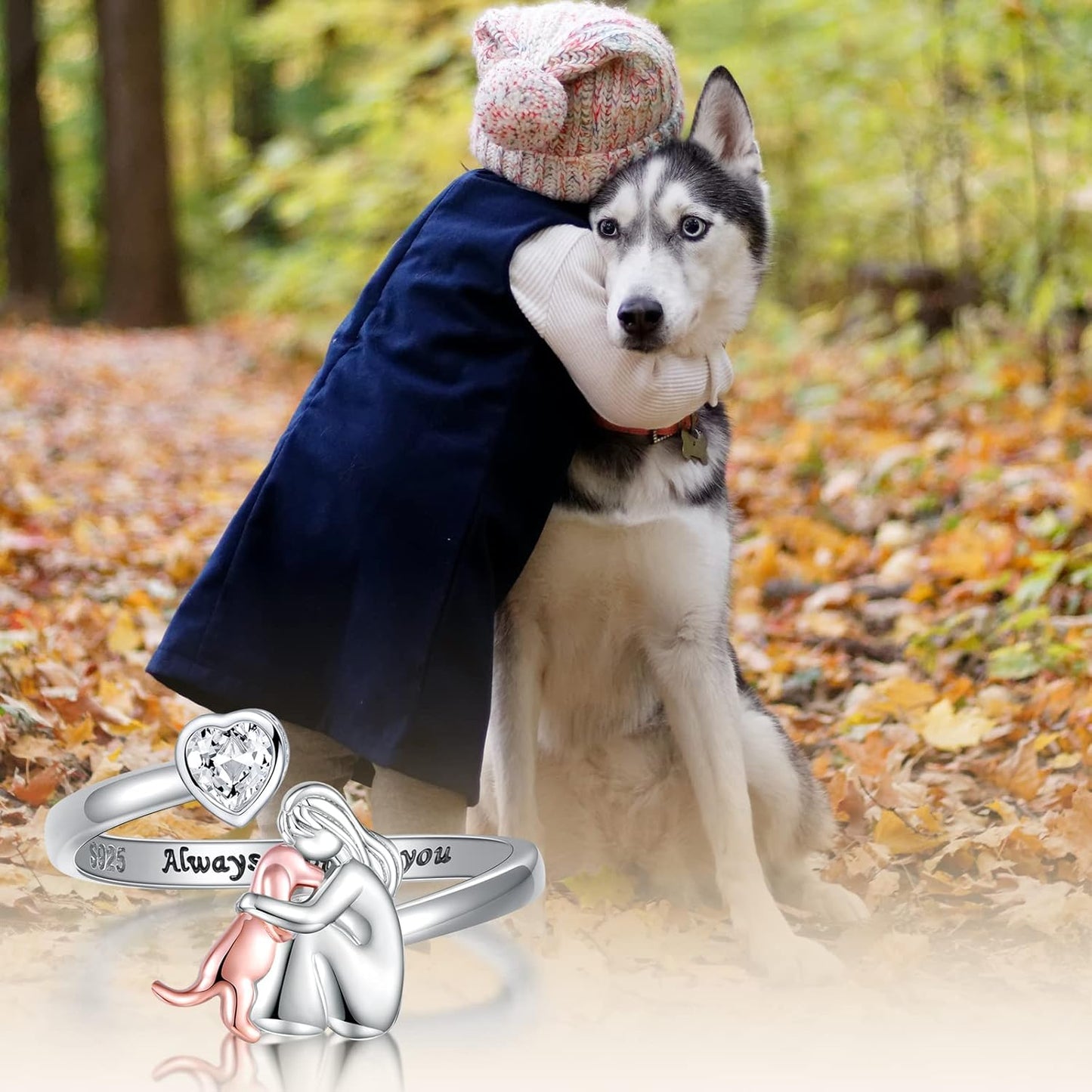 Anillo ajustable de plata con forma de perro: «Siempre en mi corazón» con circonitas
