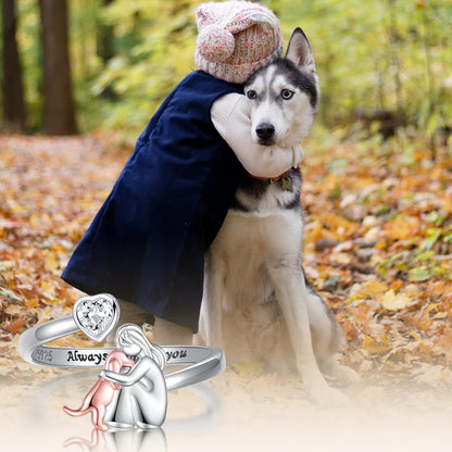 Anillo ajustable de plata con forma de perro: «Siempre en mi corazón» con circonitas