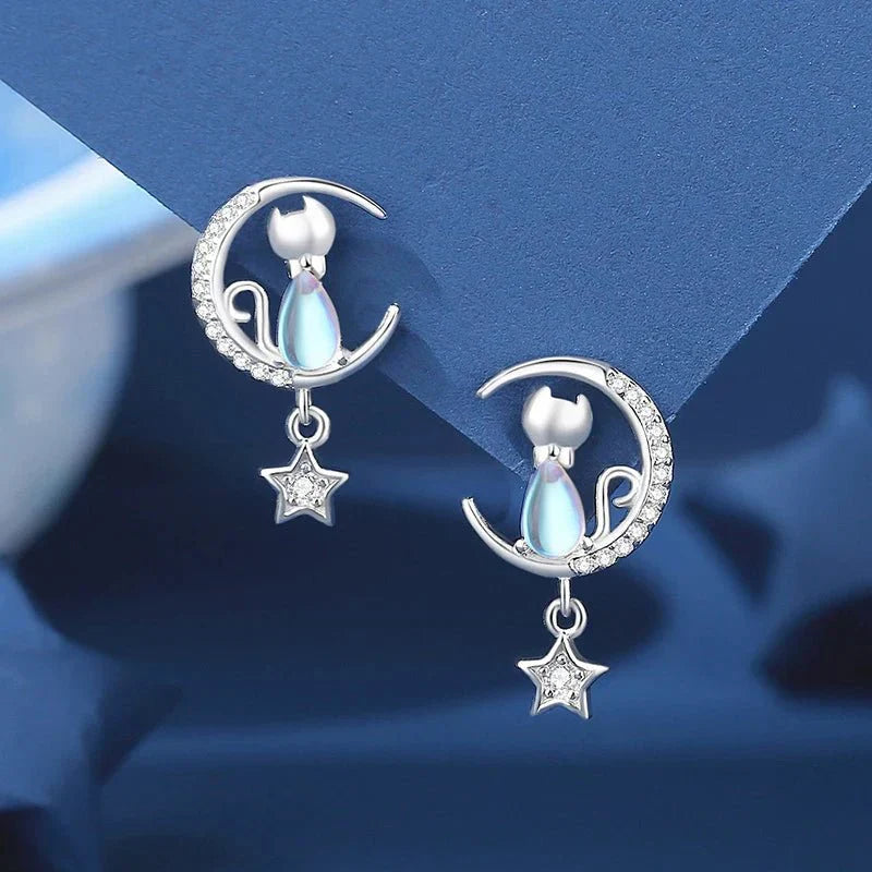 Pendientes de gato, luna y estrella en plata de ley 925 con circonitas cúbicas