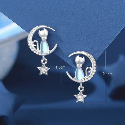 Pendientes de gato, luna y estrella en plata de ley 925 con circonitas cúbicas