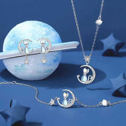Pendientes de gato, luna y estrella en plata de ley 925 con circonitas cúbicas