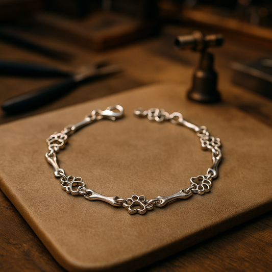 Pulsera de plata con dije de pata de perro y hueso