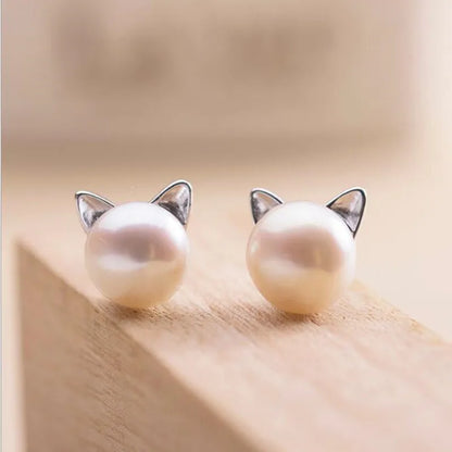 Pendientes de plata de ley con forma de gato y perla
