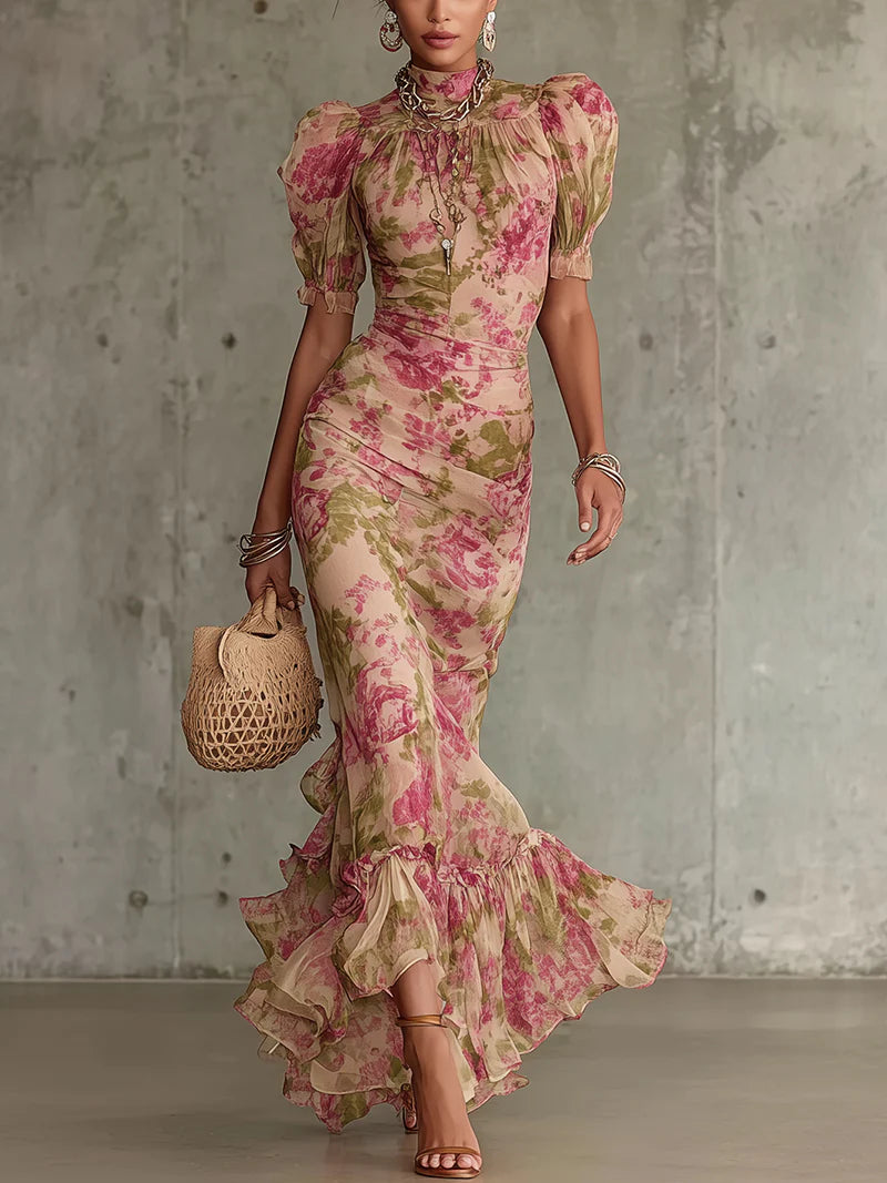 FIORA | Vestido largo con estampado vintage de rosas y mangas abullonadas