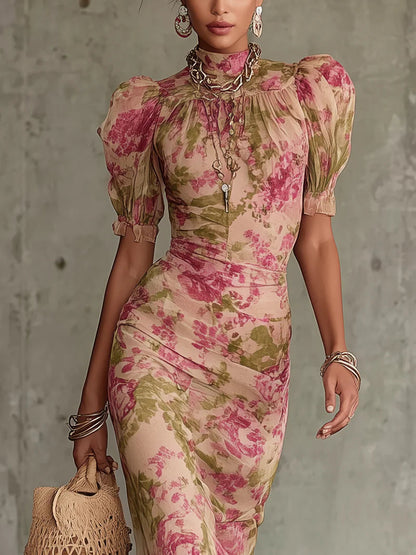 FIORA | Vestido largo con estampado vintage de rosas y mangas abullonadas