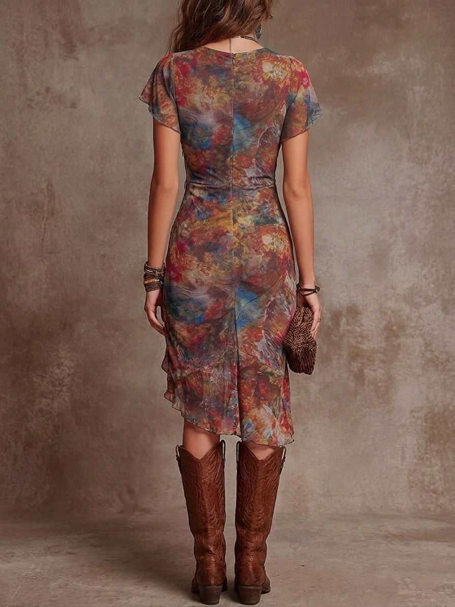 MARTINA | Vestido midi plisado con escote en V, estampado de arte abstracto en estilo bohemio