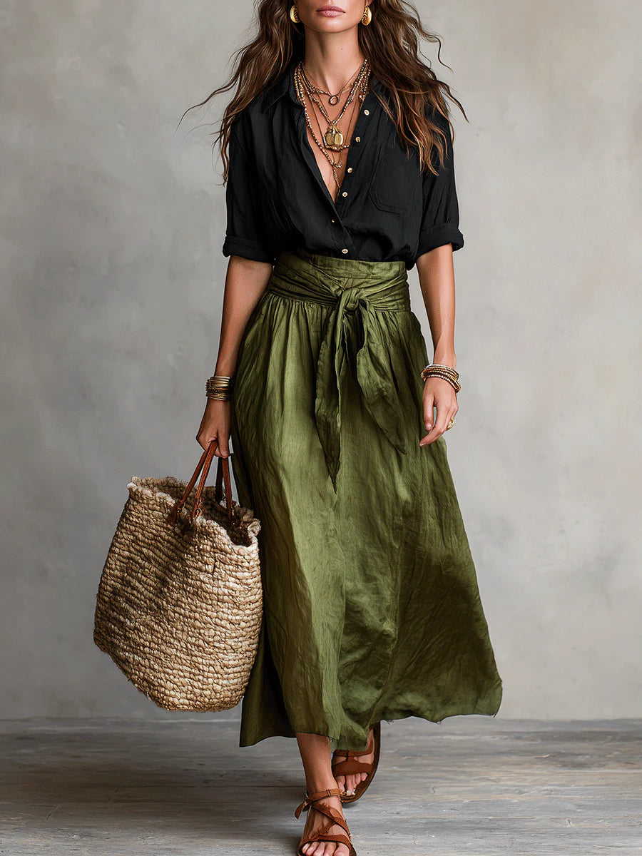YVERA | Conjunto de dos piezas: camiseta negra y falda midi verde oliva