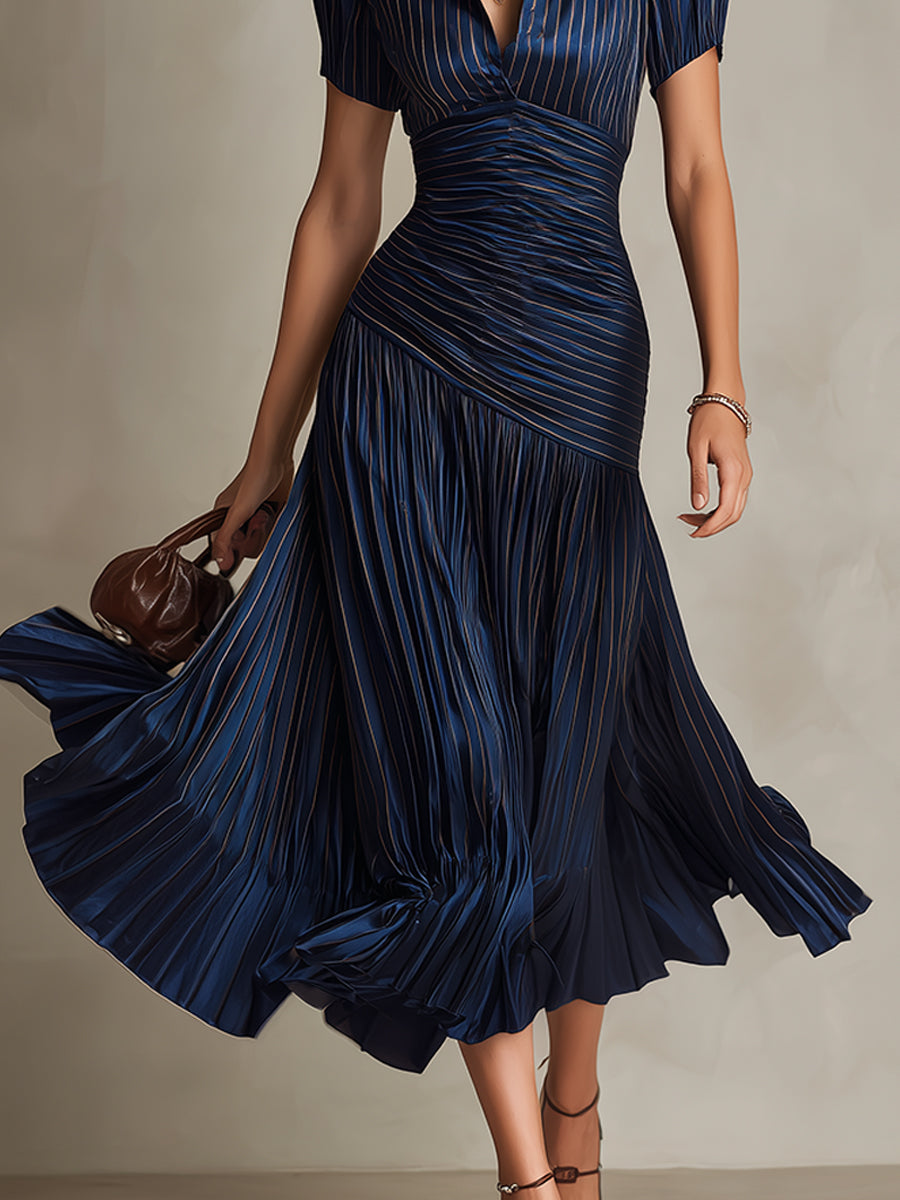 ADRIANA | Vestido midi satinado a rayas retro