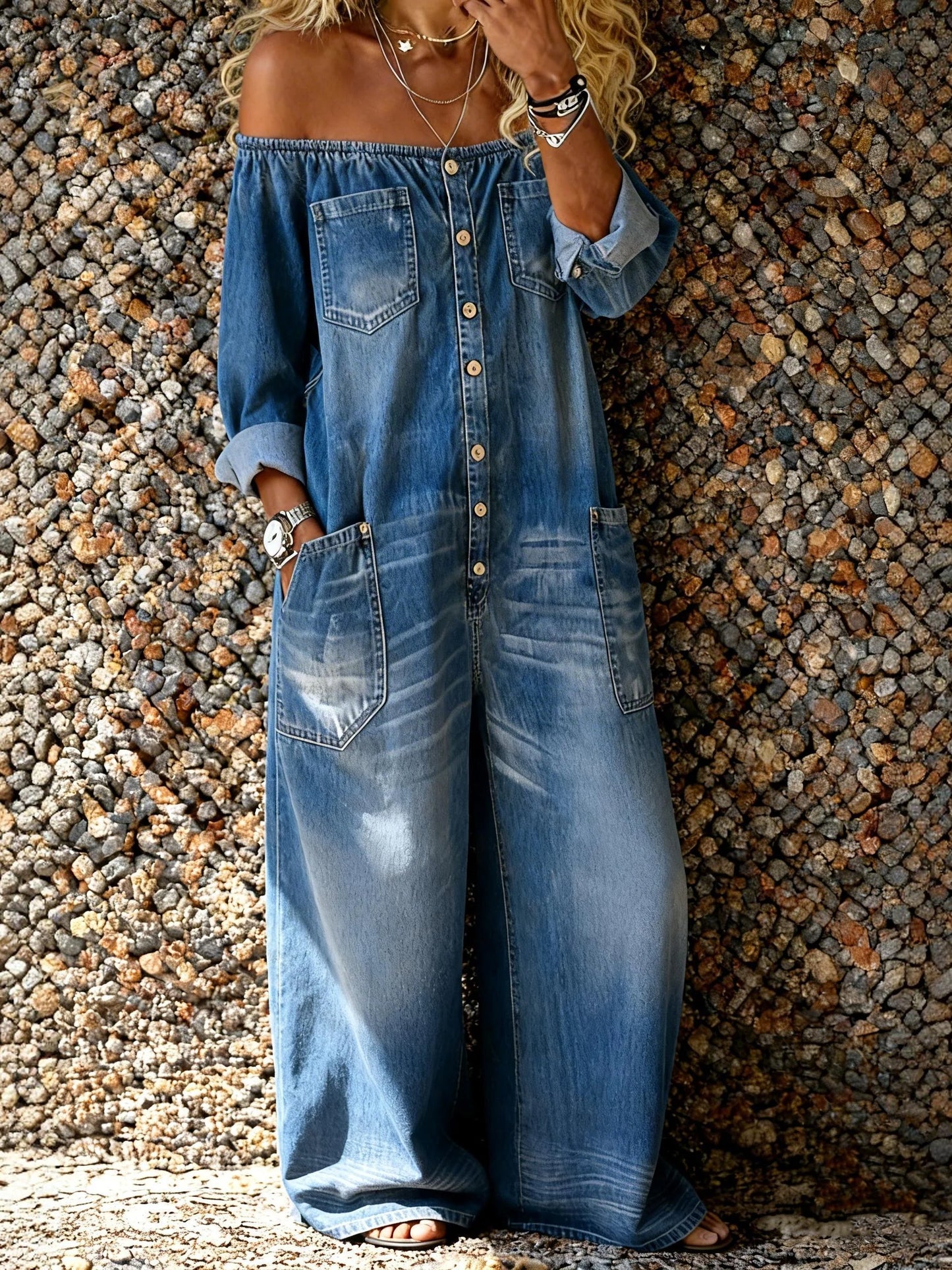 NOA | Mono Vaquero con Escote Off-Shoulder