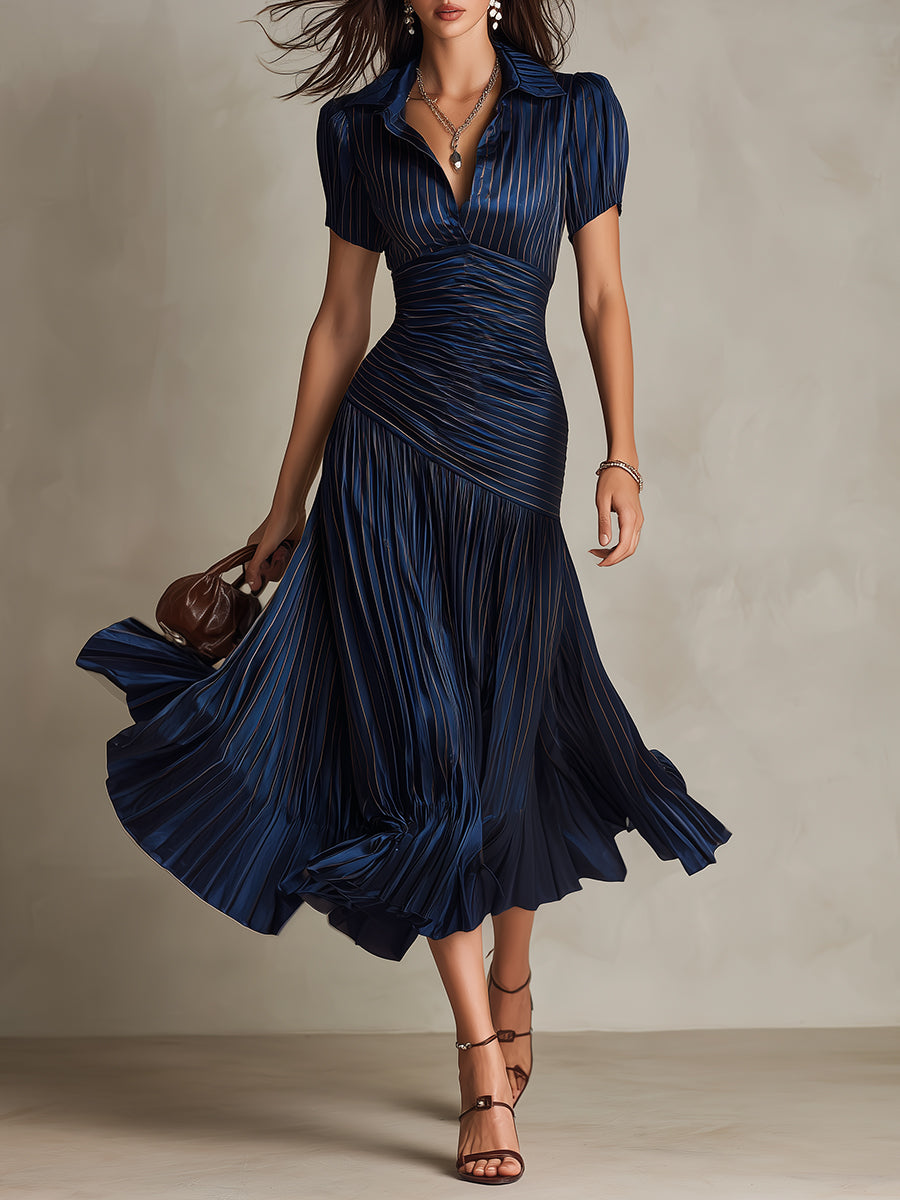 ADRIANA | Vestido midi satinado a rayas retro