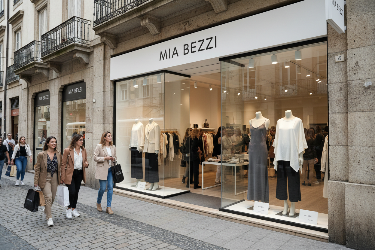 la ropa que se ve en el escaparate que sea más moderna, la tipografía del logo que sea Montserrat Bold