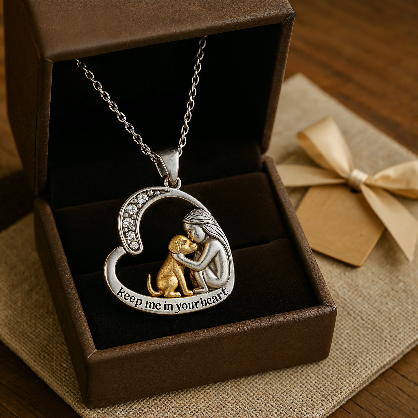Collar de corazón de plata con perro y circonitas