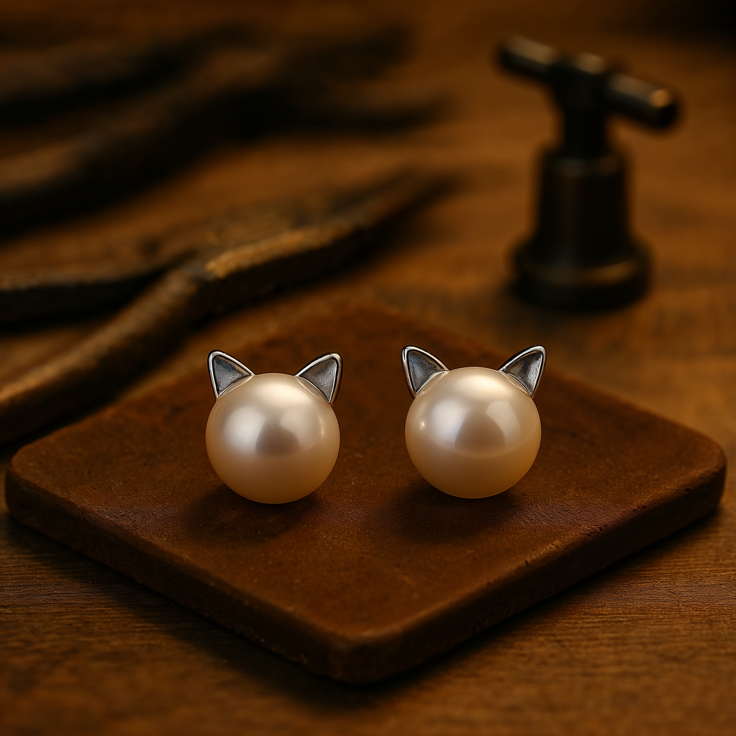 Pendientes de plata de ley con forma de gato y perla