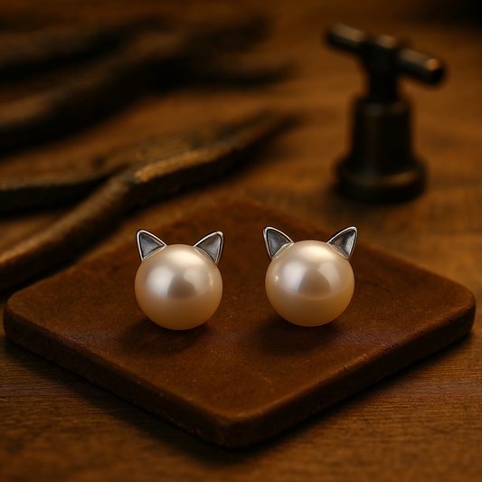 Pendientes de plata de ley con forma de gato y perla