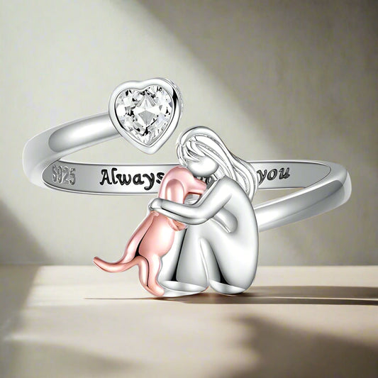 Anillo ajustable de plata con forma de perro: «Siempre en mi corazón» con circonitas
